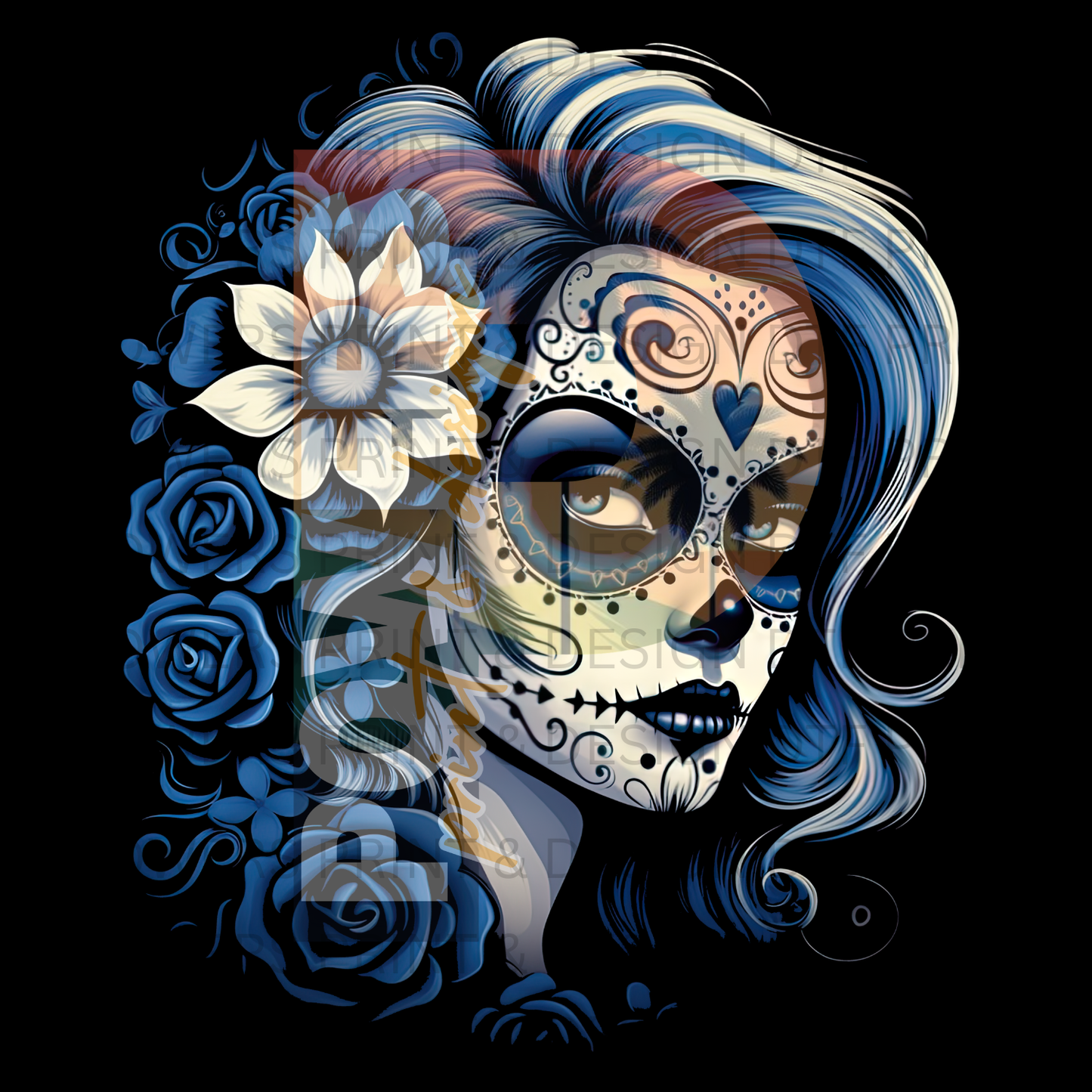 Dia De Los Muertos Blue (For a black or dark shirt) SINGLE DTF PRINT